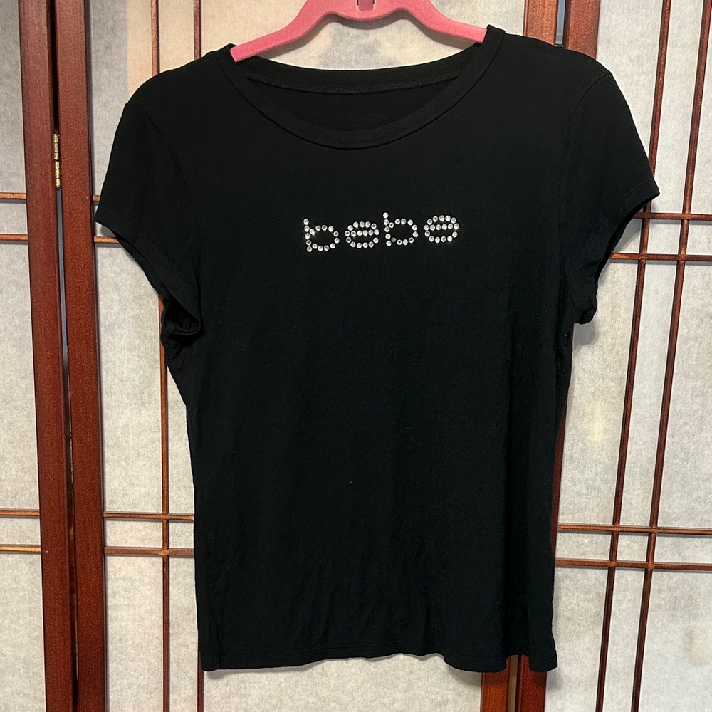 Bebe Black Cap Sleeve Tee with Embellished Logo